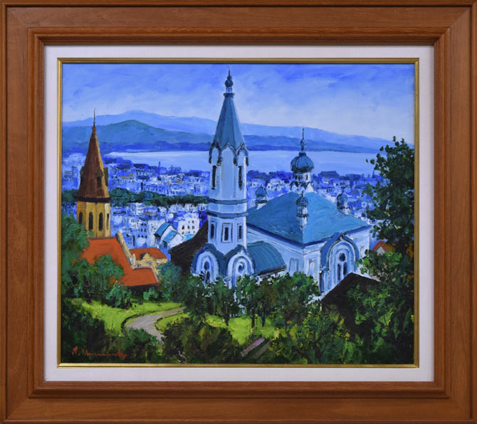 島本良平「函館(ハリストス正教会)」油絵・F10号