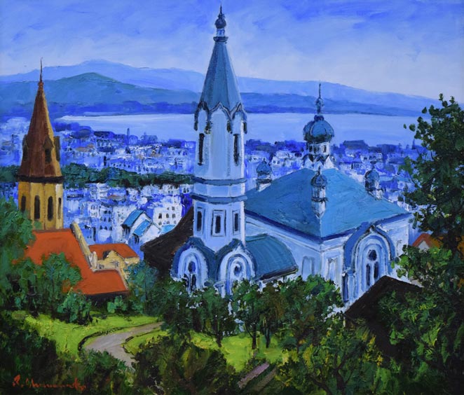 島本良平「函館(ハリストス正教会)」油絵・F10号 作品全体拡大画像