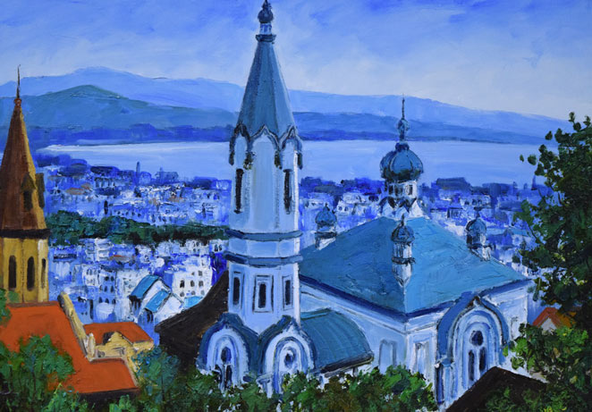 島本良平「函館(ハリストス正教会)」油絵・F10号 拡大画像2