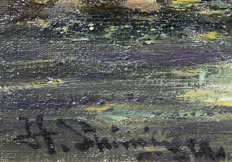 清水弘哉「塩谷のイワツバメ岩(小樽)」油絵・F10号 サイン部分