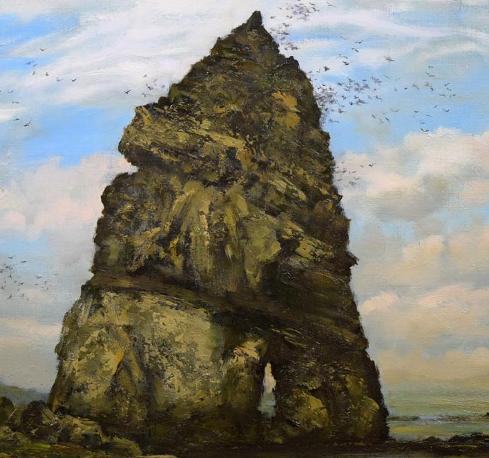 清水弘哉「塩谷のイワツバメ岩(小樽)」油絵・F10号 拡大部分1