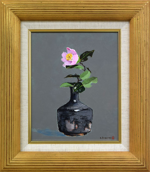 下田正次「常滑花挿し」油絵・F3号