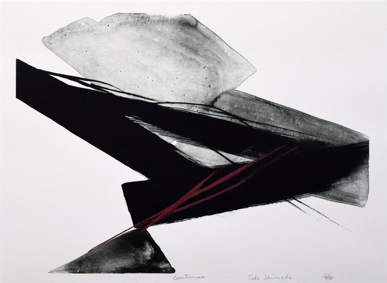 篠田桃紅「Continue」リトグラフ・朱色手彩色 作品全体拡大画像