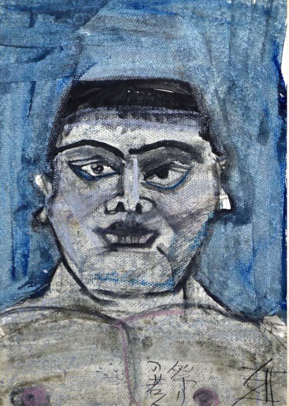 須田剋太「祭りの若人」グワッシュ(水彩画)・6号小 作品全体拡大画像