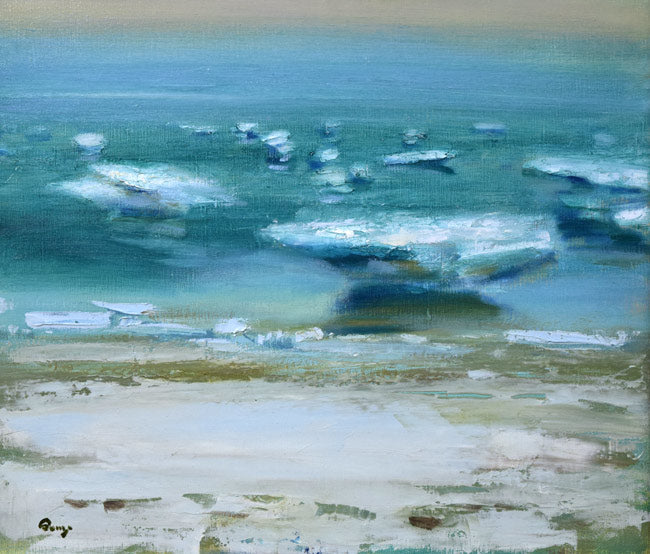 鷲見憲治「白い砂浜」油絵・F10号　作品全体拡大画像