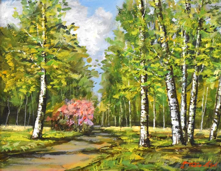 高橋益之「白樺の道」油絵・F6号 拡大部分