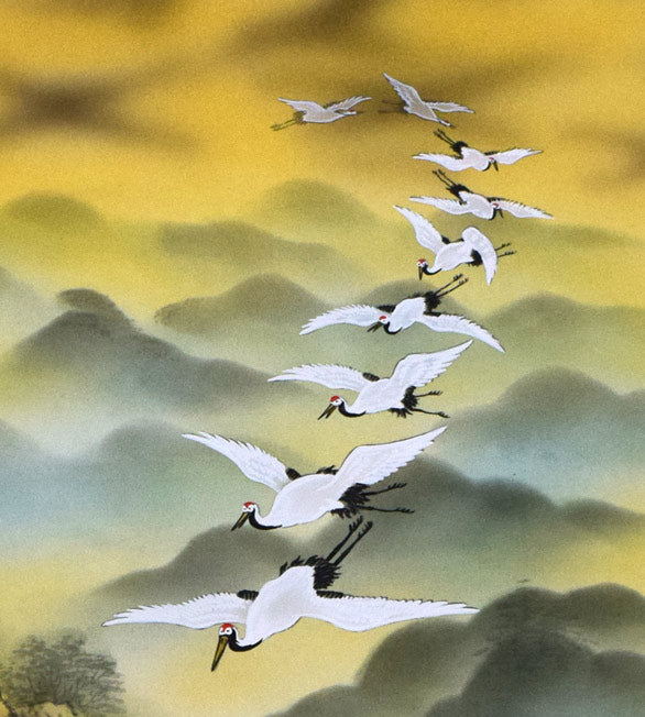 高井一鳳「火地晋五行図」工芸手彩掛軸 拡大画像2(鶴)