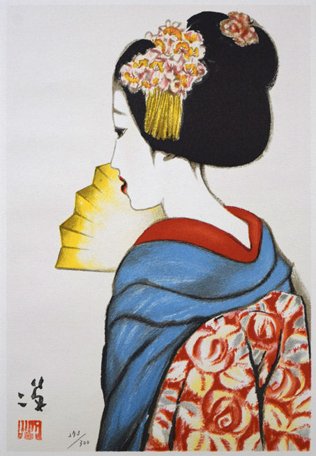 竹久夢二「舞扇」リトグラフ 作品全体拡大画像