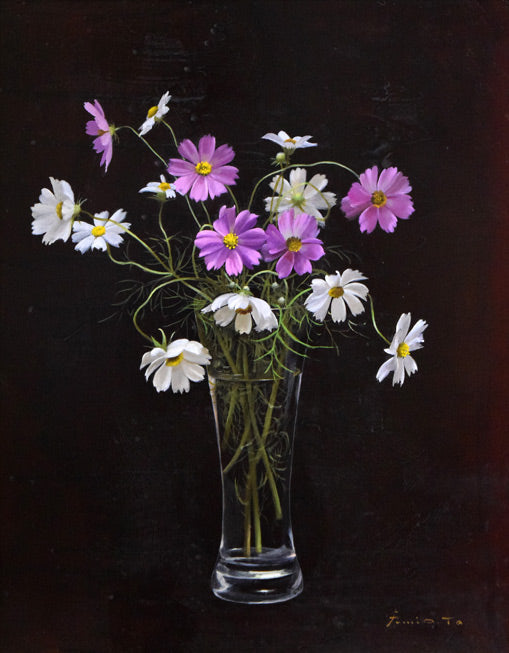 竹尾文夫「コスモス」油絵・F6号 作品全体拡大画像