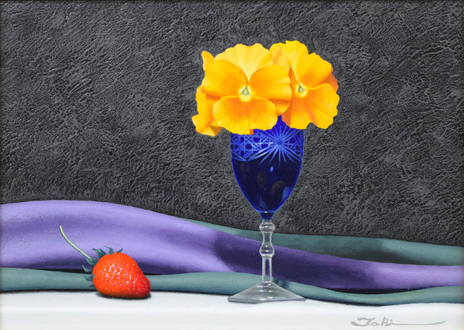 滝沢直次「パンジーと苺」油絵・F4号 作品全体拡大画像