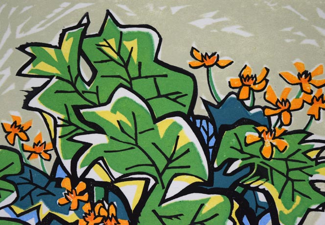 玉村拓也「エゾノリュウキンカ」木版画 拡大画像1