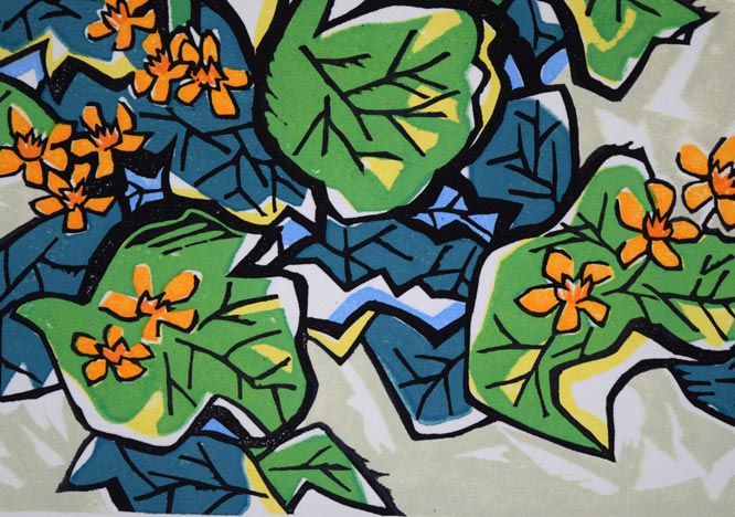 玉村拓也「エゾノリュウキンカ」木版画 拡大画像2