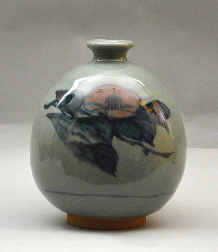 田村 耕一(人間国宝)「青磁椿文壺」共箱 裏正面