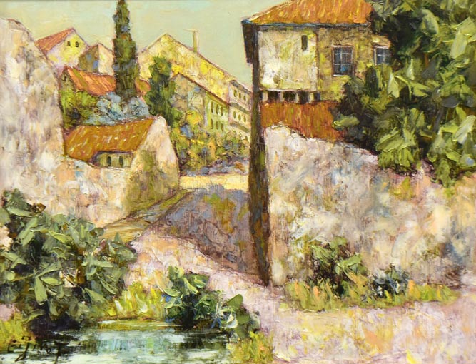 田辺栄次郎「アビラの町はずれ(スペイン)」油絵・F6号 作品全体拡大画像