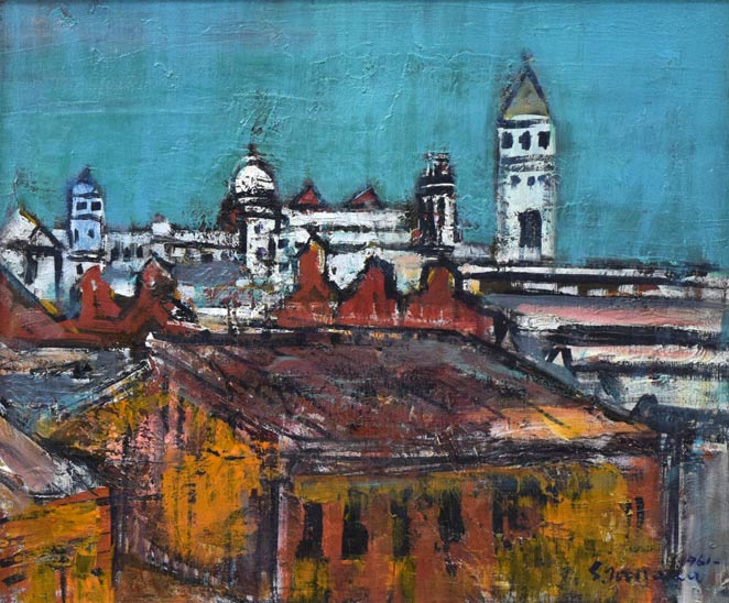 田中祥三「ビルマ・ラングーン展望(ミャンマー)」油絵・F8号 作品全体拡大画像