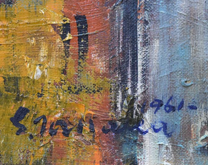 田中祥三「ビルマ・ラングーン展望（ミャンマー）」油絵・F8号　年記（1961年作）、サイン拡大画像