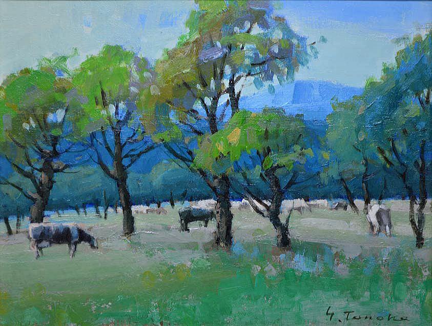 田中 進「放牧(『農家の友』1983年6月号表紙絵原画)」油絵・F6号 拡大部分