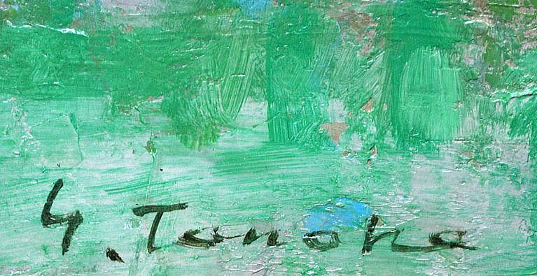田中　進「放牧（『農家の友』1983年6月号表紙絵原画）」油絵・F6号　サイン部分（S．Tanaka）