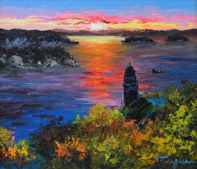 谷口春彦「瀬戸の朝焼け」油絵・F10号 作品全体拡大画像