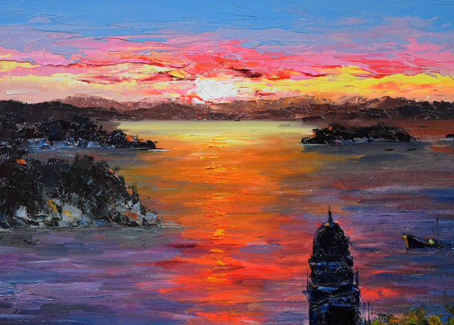 谷口春彦「瀬戸の朝焼け」油絵・F10号 拡大画像1