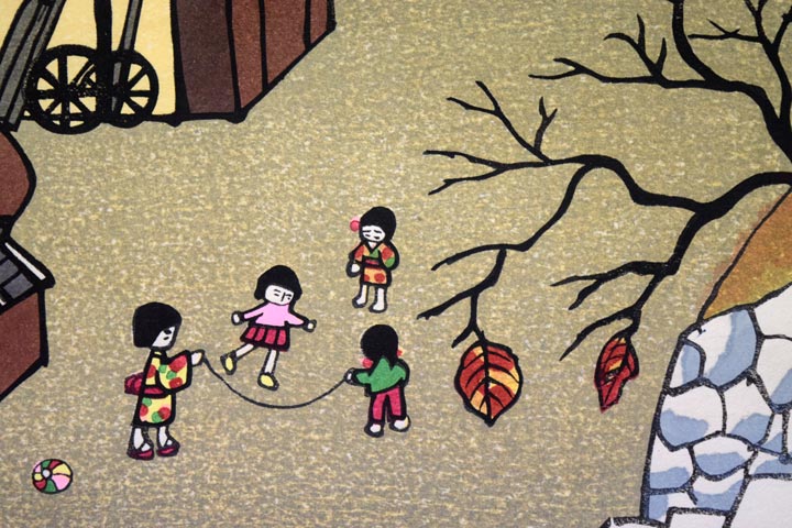 谷内六郎「なわとび」木版画 拡大画像1