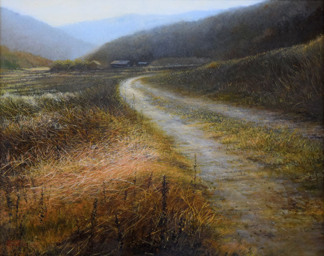 辰巳恵理「早春の山里」油絵・F3号 作品全体拡大画像