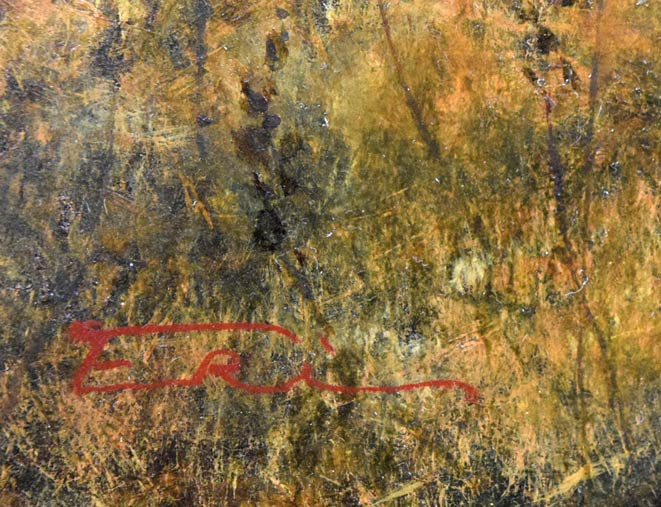 辰巳恵理「早春の山里」油絵・F3号 サイン拡大画像