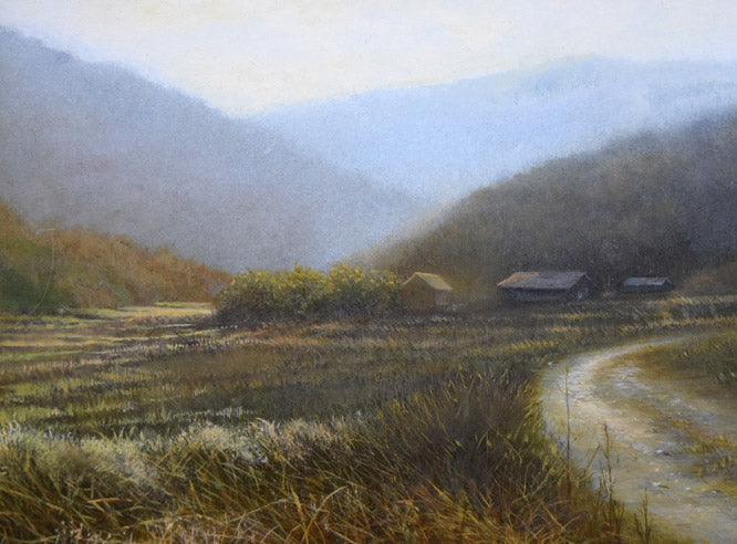 辰巳恵理「早春の山里」油絵・F3号 拡大画像1