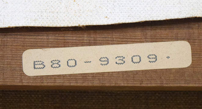 寺井重三「薔薇」油絵・F4号(金縁) 裏側拡大画像1(「一枚の繪」管理番号シール)