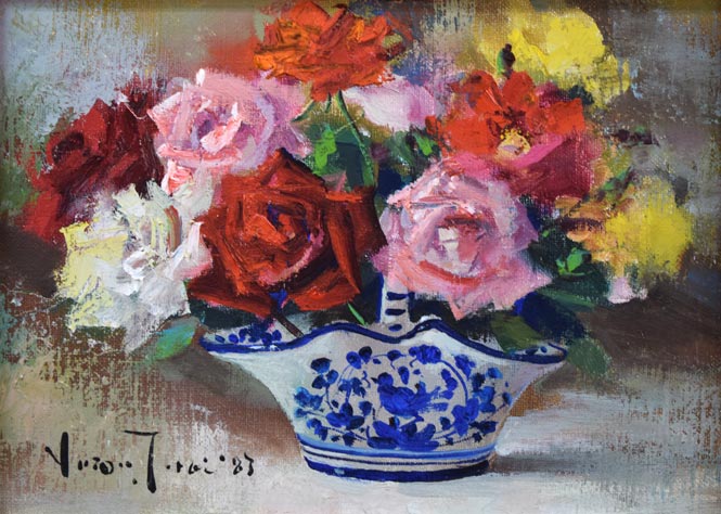 寺井重三「薔薇」油絵・F4号(白銀) 作品全体拡大画像