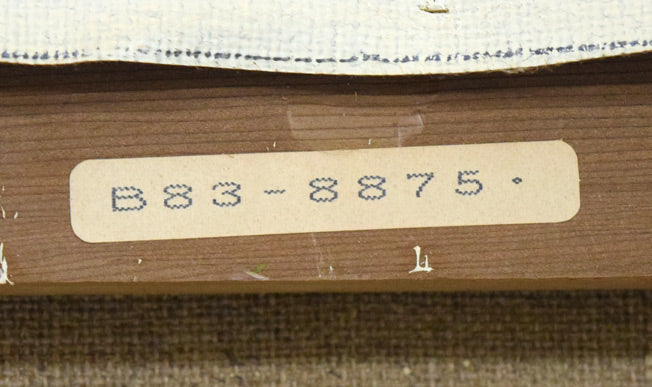 寺井重三「薔薇」油絵・F4号(白銀) 裏側拡大画像1(「一枚の繪」管理番号シール)