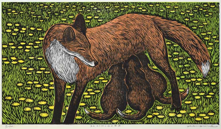 手島圭三郎「きたきつねのゆめ原画」木版画 作品全体拡大画像