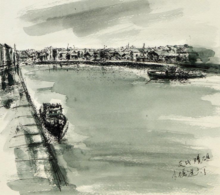 友成晴雄「小樽運河」水彩画 拡大部分