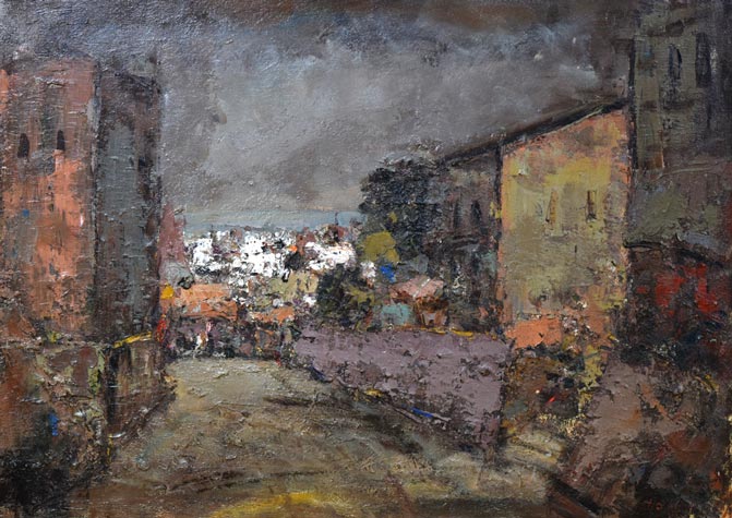 友成晴雄「海の見える風景(神戸)」油絵・P30号 作品全体拡大画像