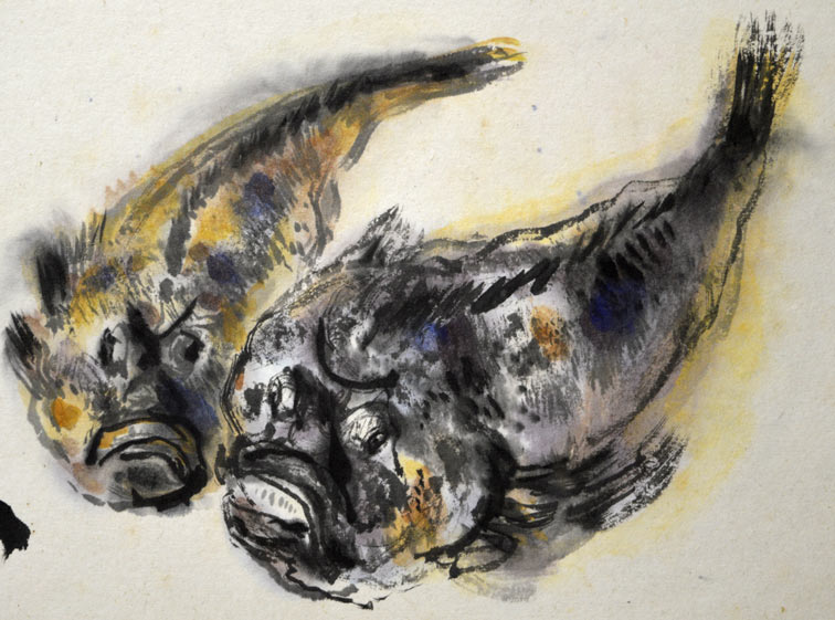 椿貞雄「魚図」墨彩画・1948年作 拡大部分1