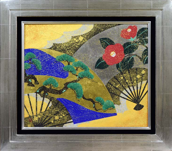 植田環「扇面輝図 松・椿」日本画・F8号