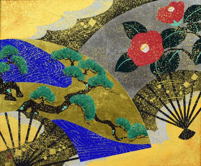 植田環「扇面輝図 松・椿」日本画・F8号 作品全体拡大画像