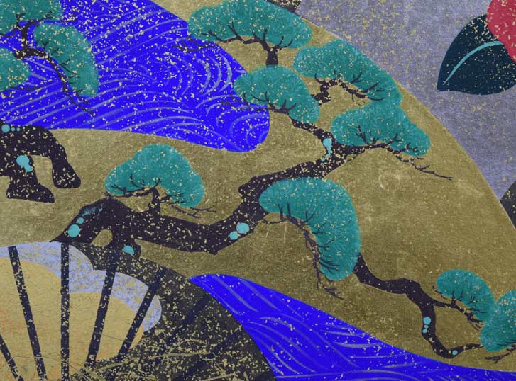 植田環「扇面輝図 松・椿」日本画・F8号 拡大部分1