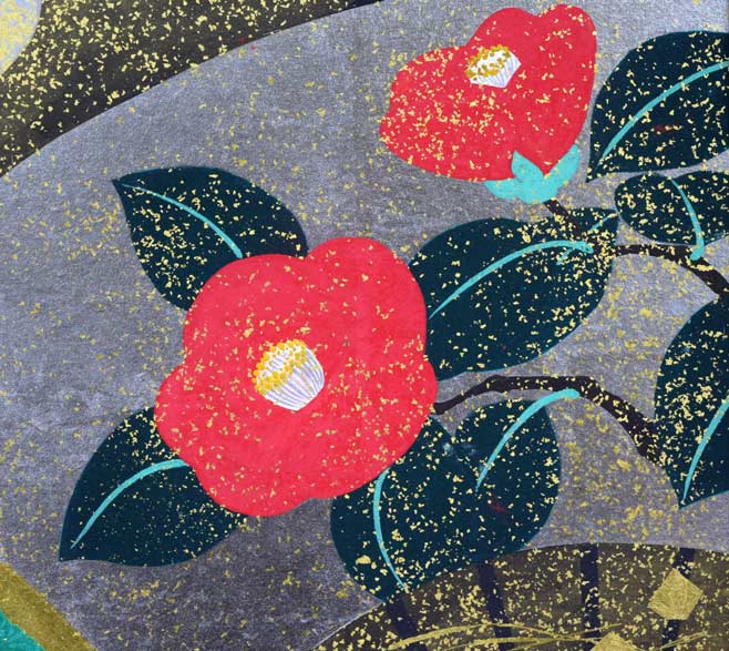 植田環「扇面輝図 松・椿」日本画・F8号 拡大部分2