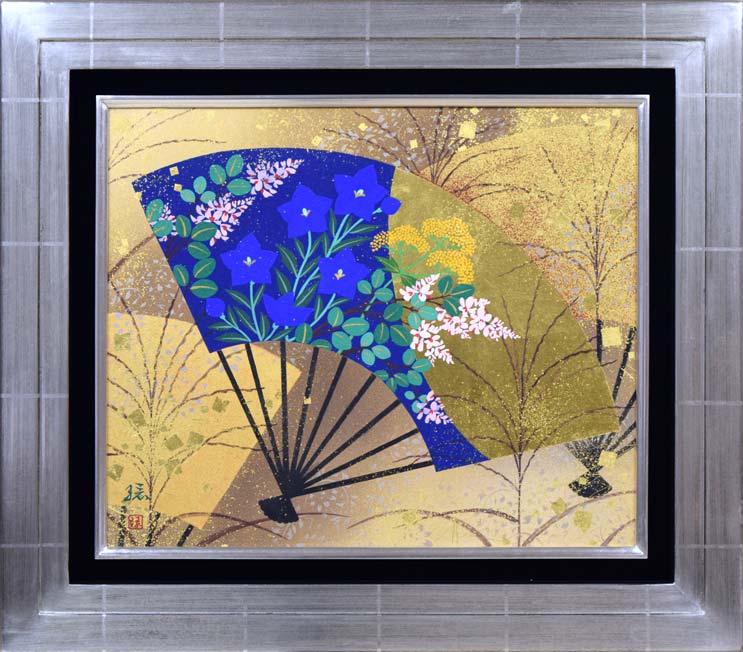 植田環「扇面輝図 月に秋草」日本画・F8号