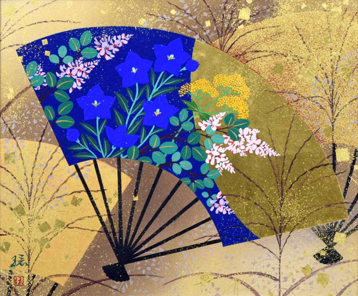 植田環「扇面輝図 月に秋草」日本画・F8号 作品全体拡大画像