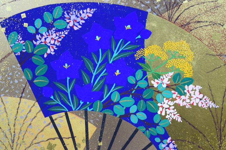 植田環「扇面輝図 月に秋草」日本画・F8号 拡大部分1