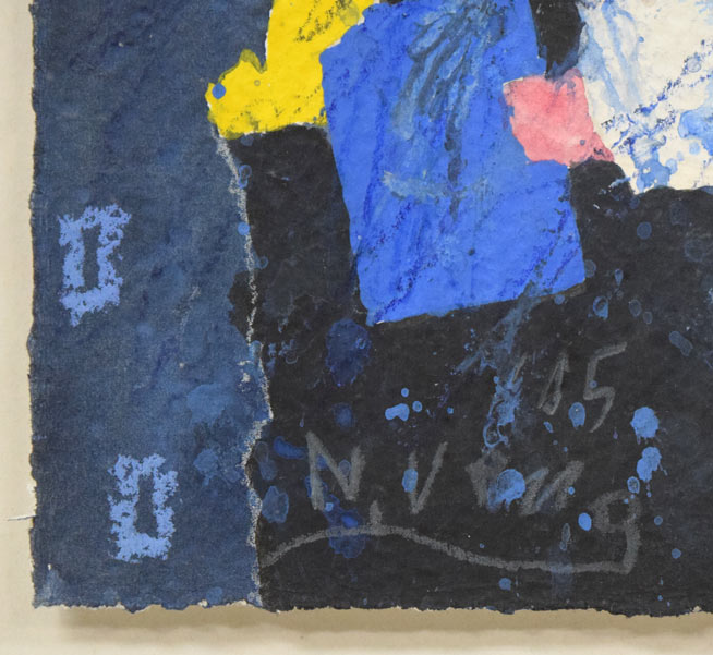 上野憲男「アブストラクト」水彩画にコラージュ 年記(2005年作)、サイン拡大画像