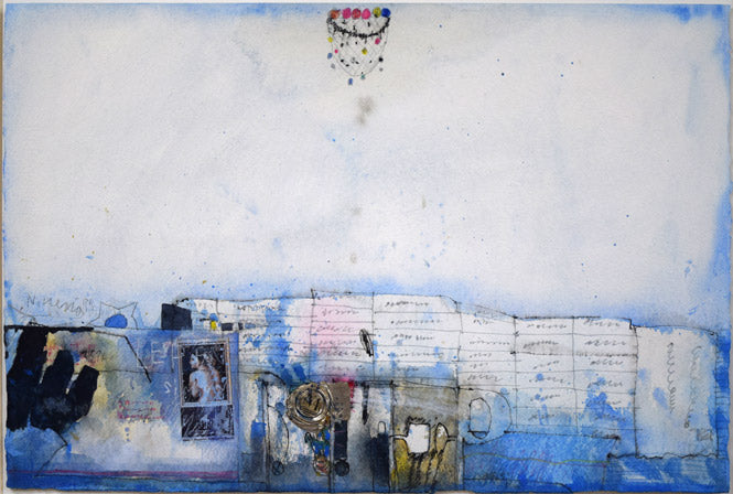 上野憲男「水原(韓国)にて-6」水彩画にコラージュ 作品全体拡大画像