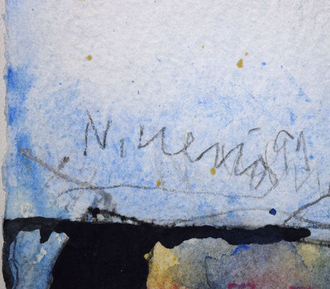 上野憲男「水原(韓国)にて-6」水彩画にコラージュ 年記(1991年作)、鉛筆サイン拡大画像