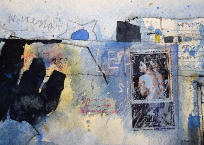 上野憲男「水原(韓国)にて-6」水彩画にコラージュ 拡大画像2