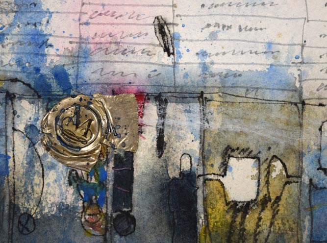 上野憲男「水原(韓国)にて-6」水彩画にコラージュ 拡大画像3