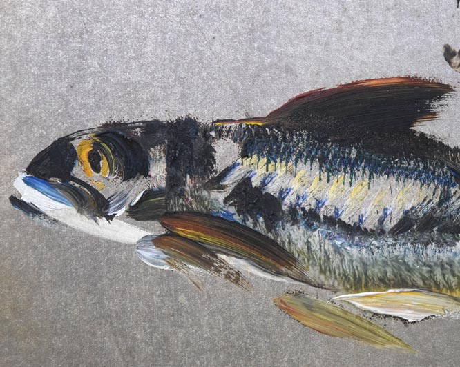 上野山清貢「春鯵」油絵・銀色紙 拡大画像1
