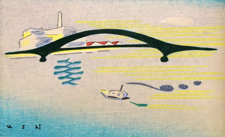 牛島憲之「晩春永代橋(隅田川)」木版画 拡大部分