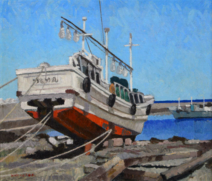 渡辺正敏「漁船の白い船」油絵・F10号　全体拡大部分